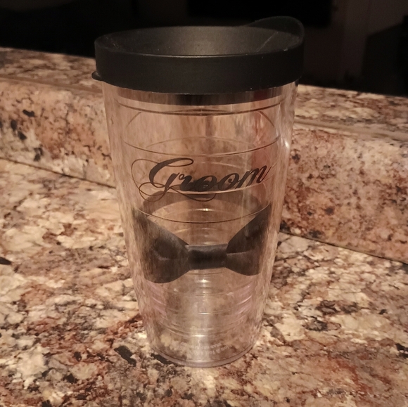 Groom Tumbler with Black Lid and Bow Tie Design - Picture 1 of 4